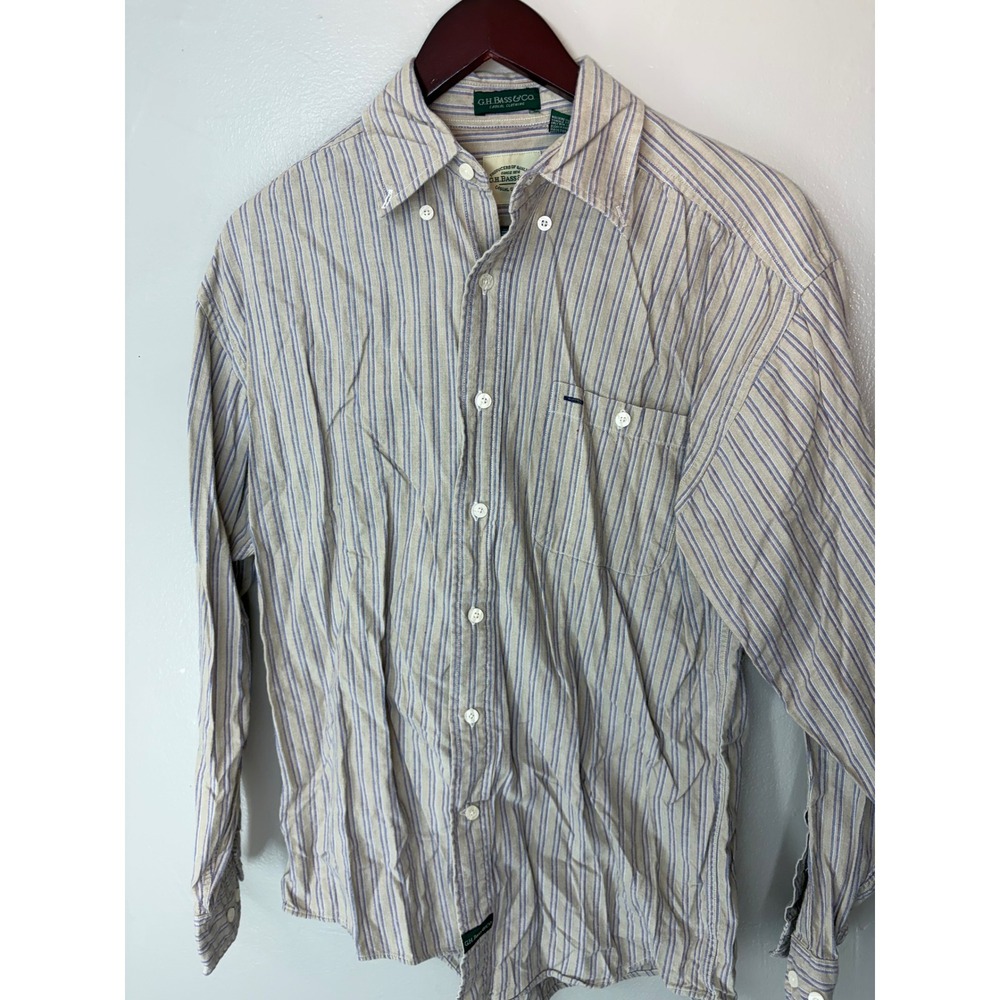 GH Bass & Co Mens Small Striped Button Down Shirt Long Sleeve Cotton Tan Blue